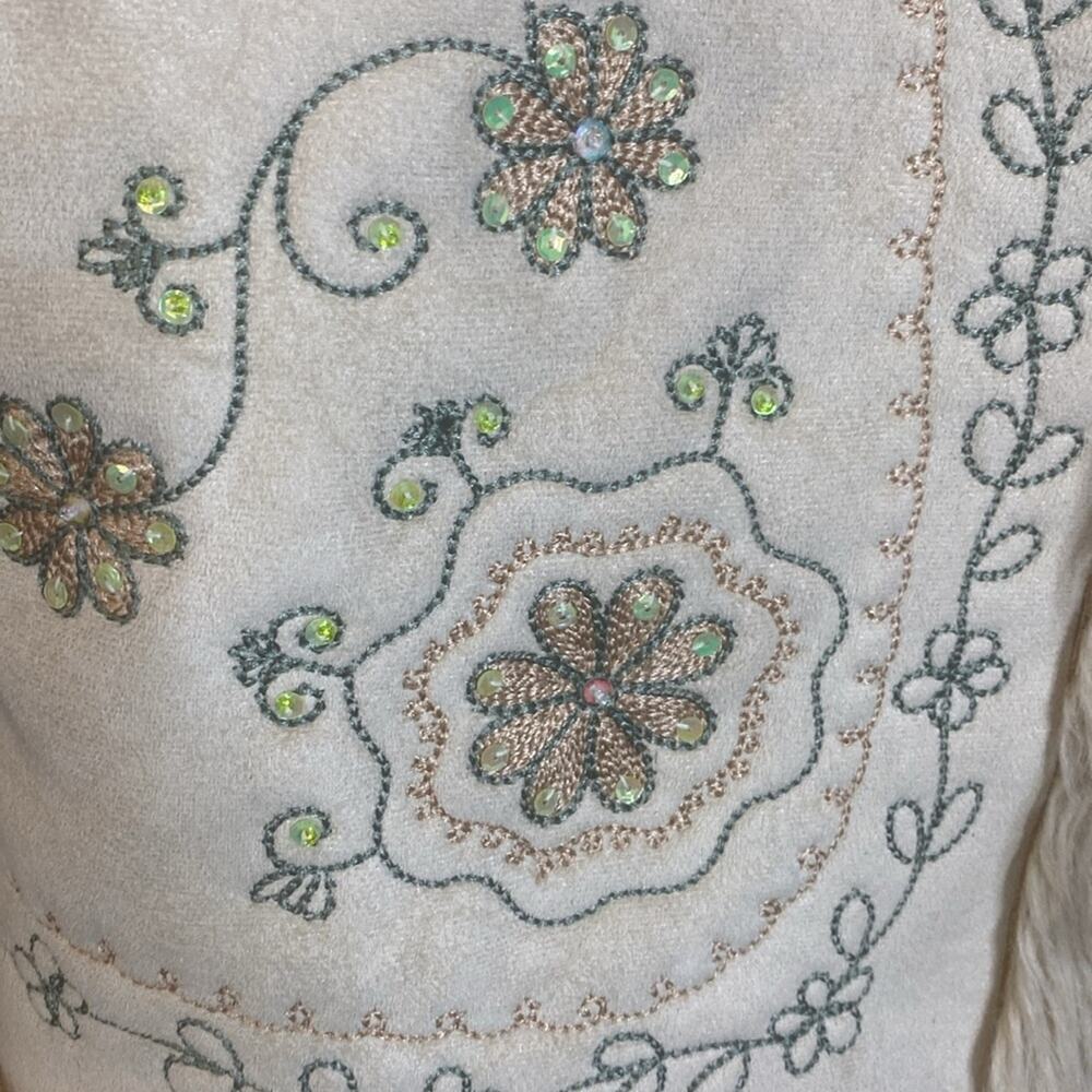Vintage Rave Y2K Faux Suede and Shearling Embroidered Embellished Cream Vest XL - Picture 4 of 7